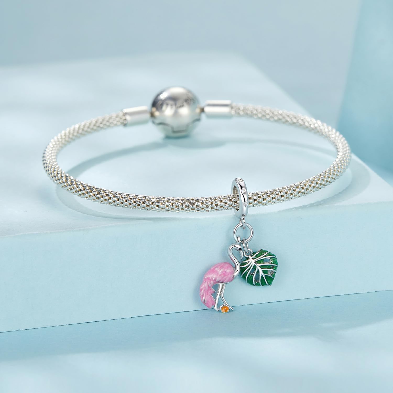 925 スターリングシルバー スパークリング ピンク フラミンゴ チャーム ビーズ ラブリー エナメル バード クローバー ラッキー