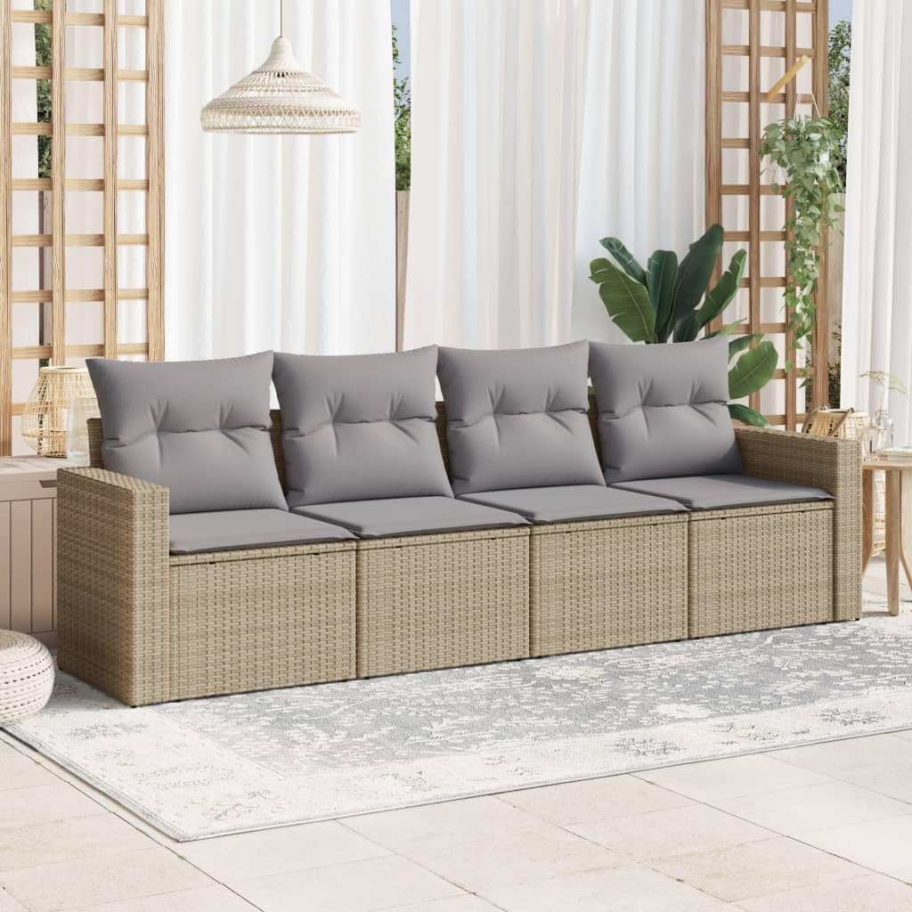 Set di 4 divani da giardino in polyrattan beige, con vano portaoggetti, borsa impermeabile e cuscino, resistente ai raggi UV, resistente alle intemperie, per balcone e terrazza, portata 110