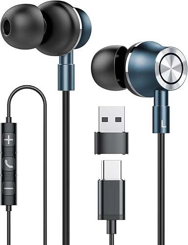 Auriculares USB C con cable, auriculares intrauditivos USB tipo C para portátil con micrófono, auriculares con cancelación magnética de ruido