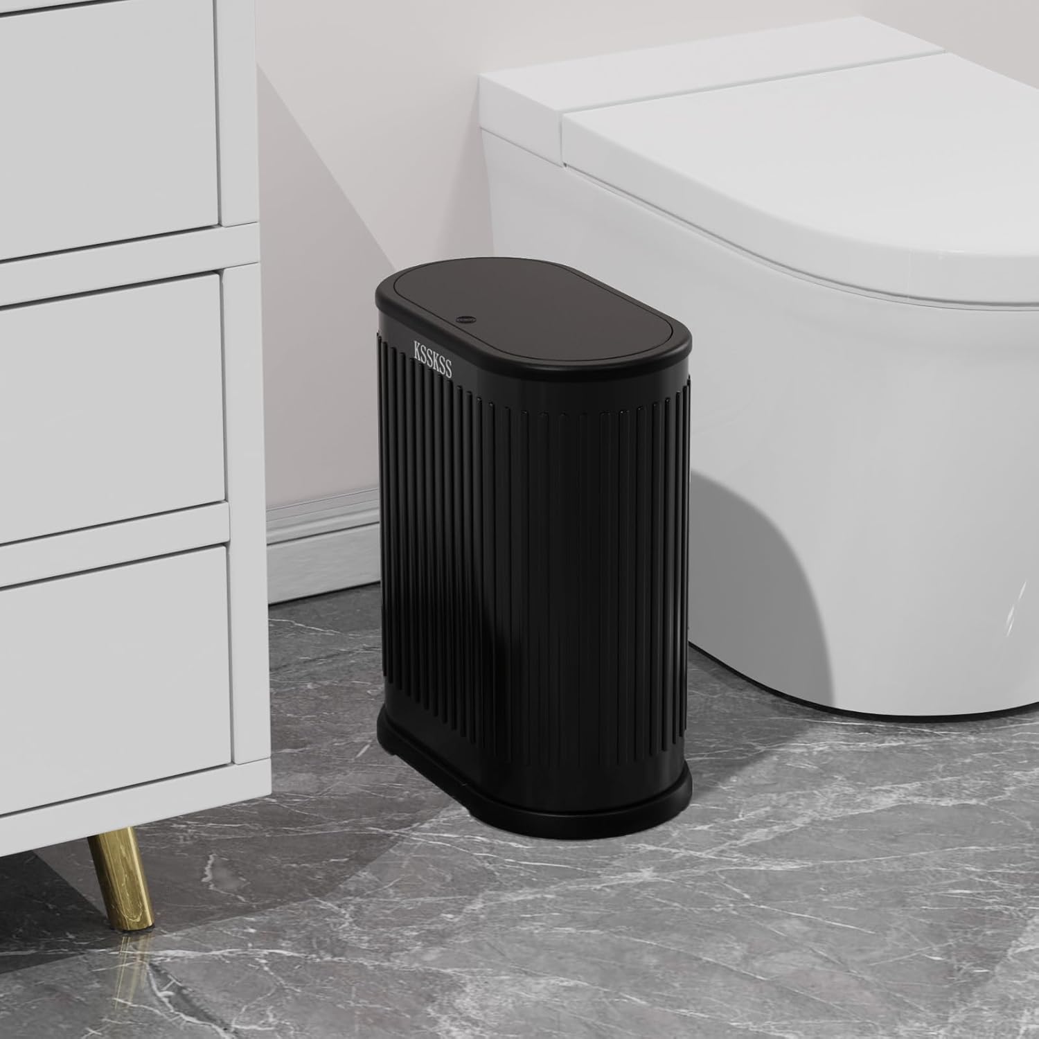 KSSKSS 1.8 Gallons Small Stainless Steel Trash Can with Press Type Lid, Slim Bathroom Garbage Bin, Removable Liner Bucket, Dog Proof Narrow Wastebasket with Pop-Up Lid for Bedroom,Toilet (Matt Black)