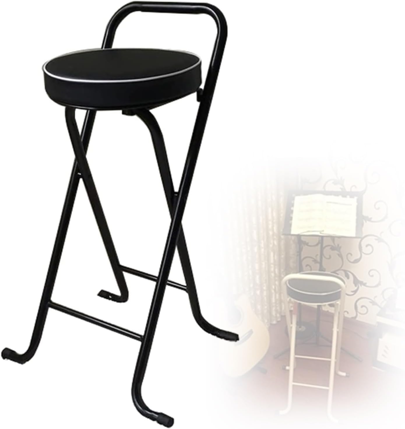 Folding Stool with Footrest, PU Padded Kitchen Stool, Portable Height Foldable High Chair, Tall Stools for Outdoor Shop Cafe (Color : Black, Size Seat 65cm) (Black+White Seat Heig
