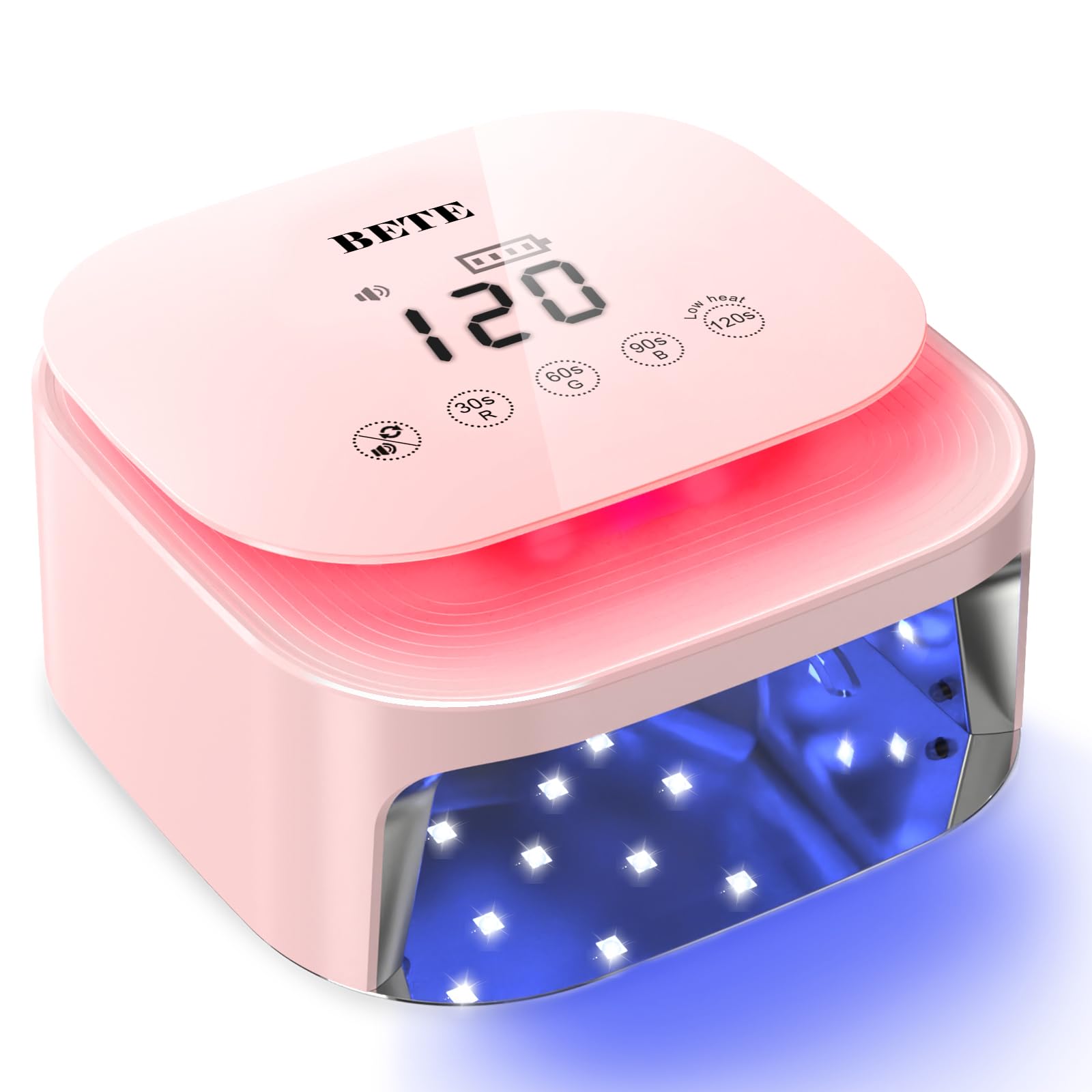Lampade UV LED wireless BETE 60W - Asciugatore per smalto gel ricaricabile con sensore automatico, 30 perle e 4 regolazioni del timer portatile per uso domestico/salon Rosa