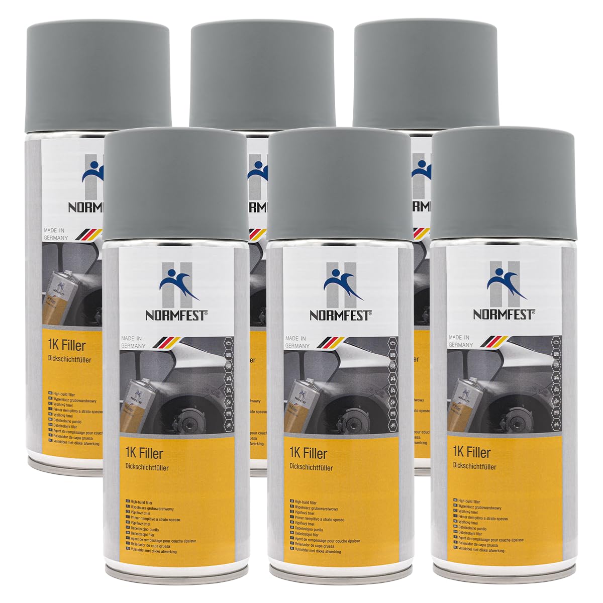 Normfest 1K Filler – Hochdeckender Dickschichtfüller in Grau für Kratzer, Poren und Schleifspuren, ideale Basis für Karosserie- und Lackierarbeiten, 6x 400ml