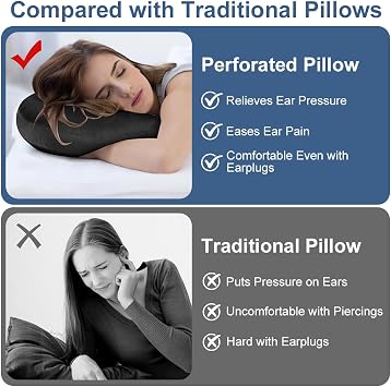 Piercing Pillow, Black Ear Piercing Pillow for Side Sleepers | Soft Breathable Donut Cushion for Ear, O-shaped pillow with Hole used in Classroom, Office, Campin, Sleeping on Airplane