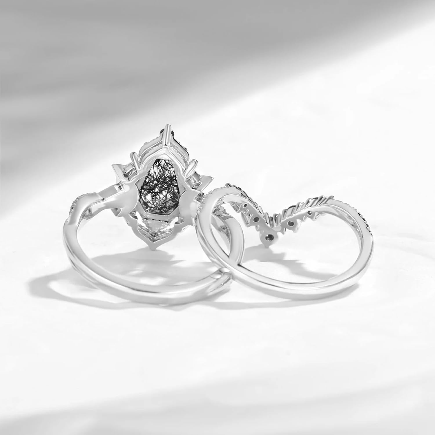 1/1.5/2 Carat Coffin Cut Black Rutilated Quartz Wedding Ring Set for Women S925 10K 14K 18K Gold Black Rutilated Quartz Engagement Rings Unique Bridal Set Promise Rings for Her