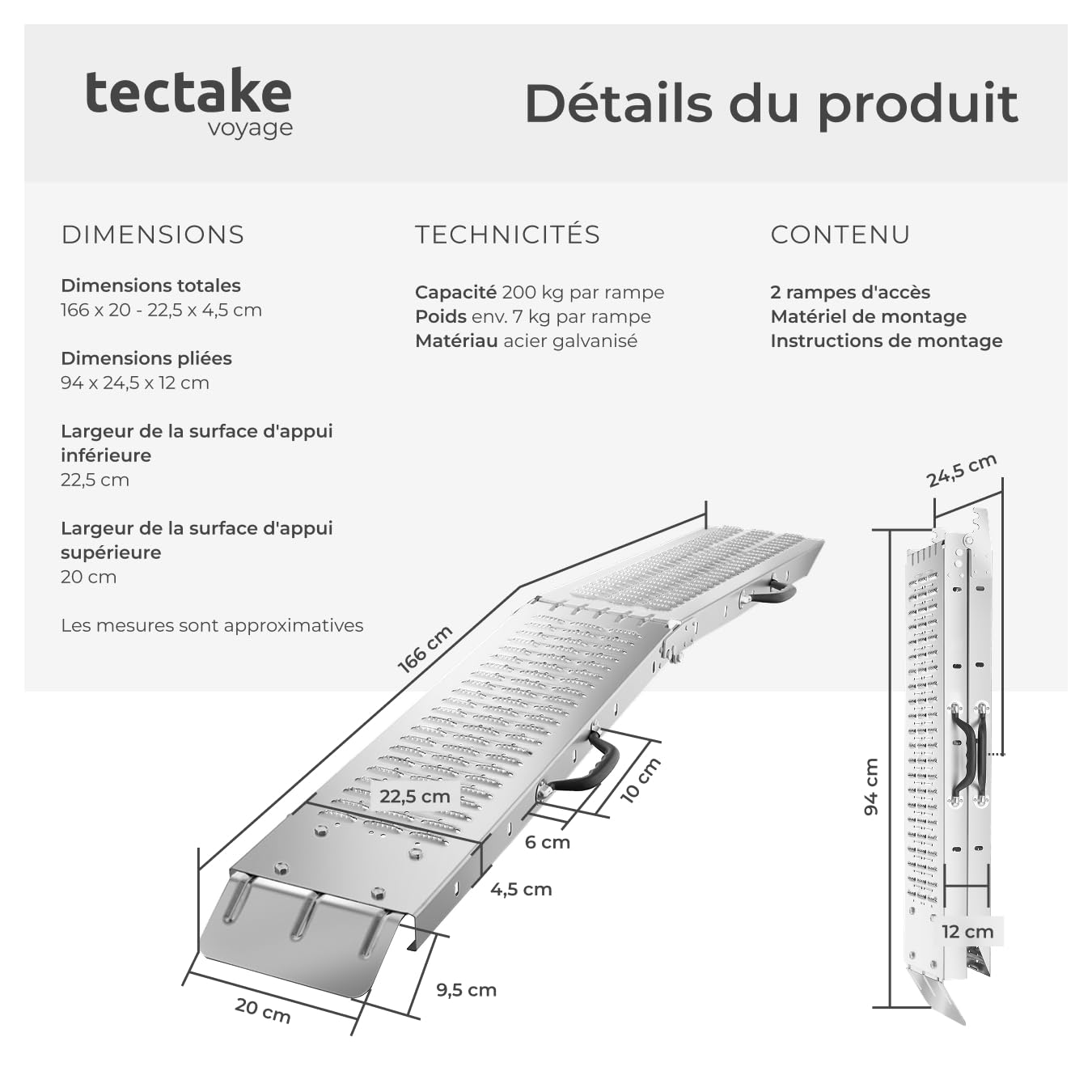 tectake® 2X Rampe d'accès 400 kg, Rampe de Chargement Pliable, en Acier galvanisé, Antidérapant, 200 kg pièce, 400 kg la Paire, Rampe Fauteuil Roulant Moto Quad Voiture Vélo éléctrique Tondeuse Chien