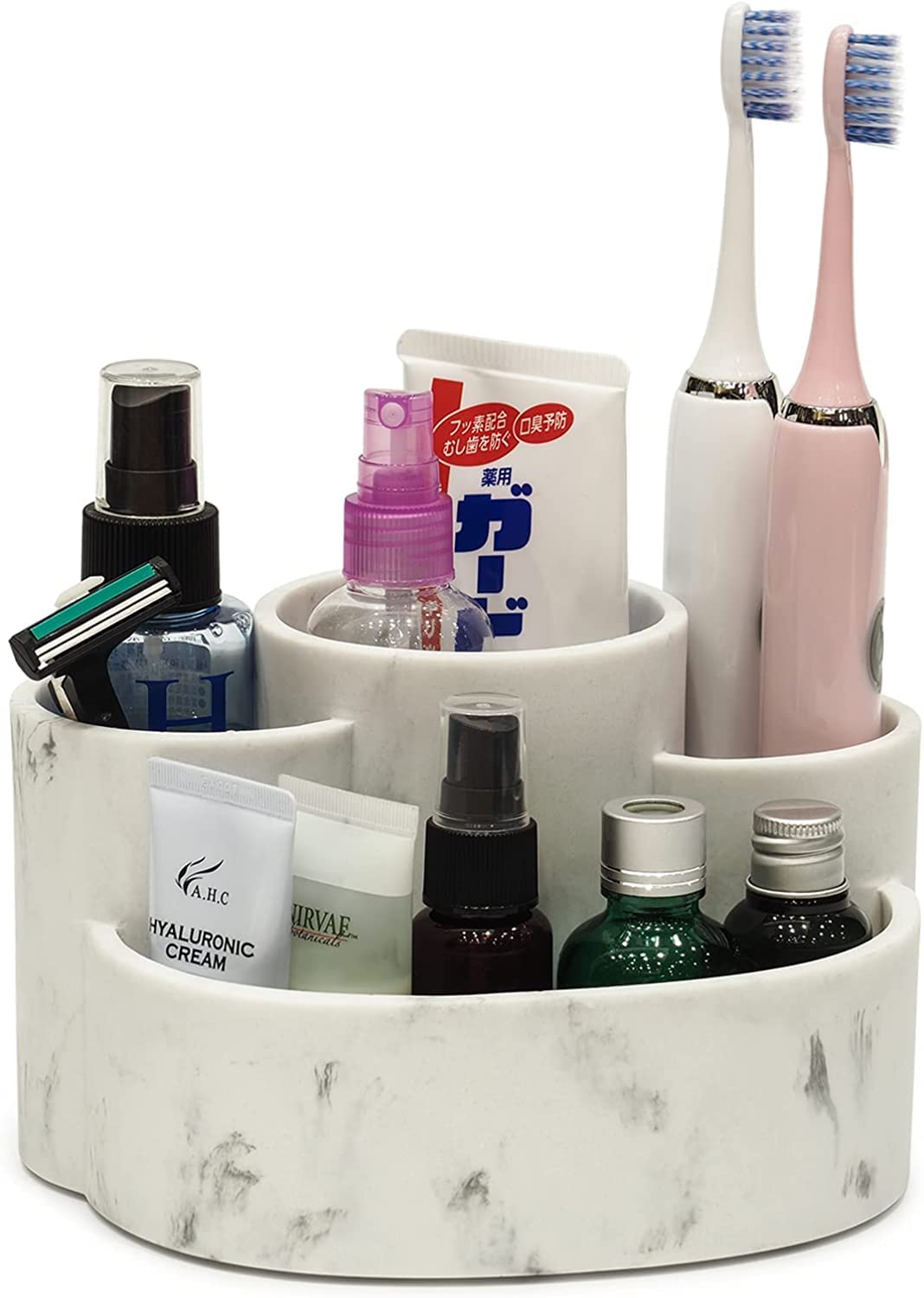 Multi-functional Desk Storage Organizer with 4 Compartments, Marble Bathroom Toothbrush Holder,Premium Resin Remote Control Caddy Store TV Remote, Brush,Pencil,Glasses&Office Supplies-White