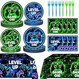 Video Game Birthday Decorations - Neon Level Up Game Tableware Includes Plates, Napkins, Cups, Forks...
