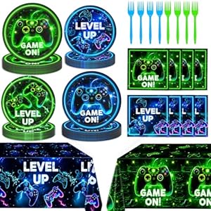 Video Game Birthday Decorations – Neon Level Up Game Tableware Includes Plates, Napkins, Cups, Forks, Tablecloths for Boy Gamer Birthday Party, Serves 24
