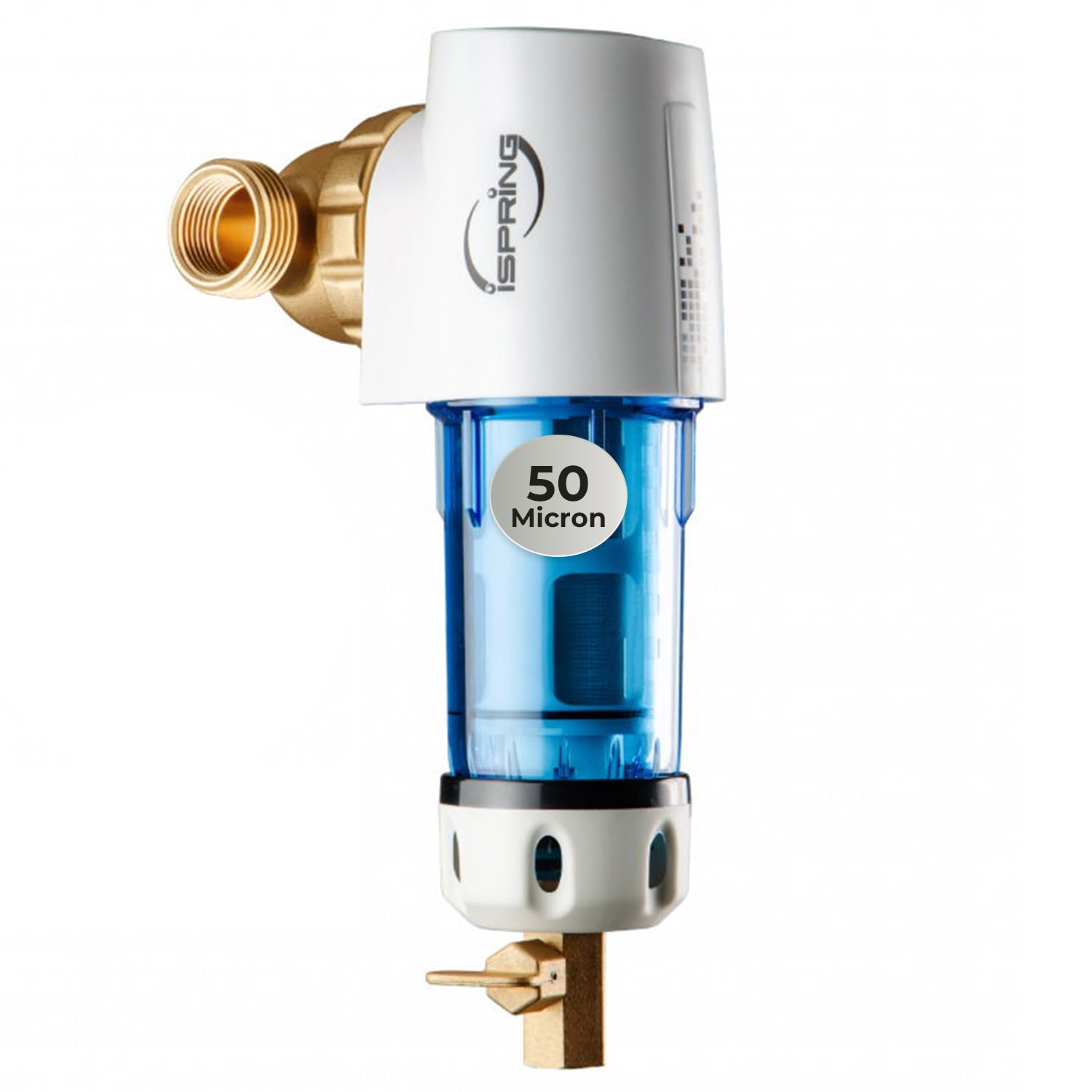 iSpring WSP50GR-E Filtre à Eau à Sédiments Réutilisable 50 Microns avec Grattoir Intégré, Tête Pivotante à 360°, Manomètre, Bleu… (WSP50GR-E)