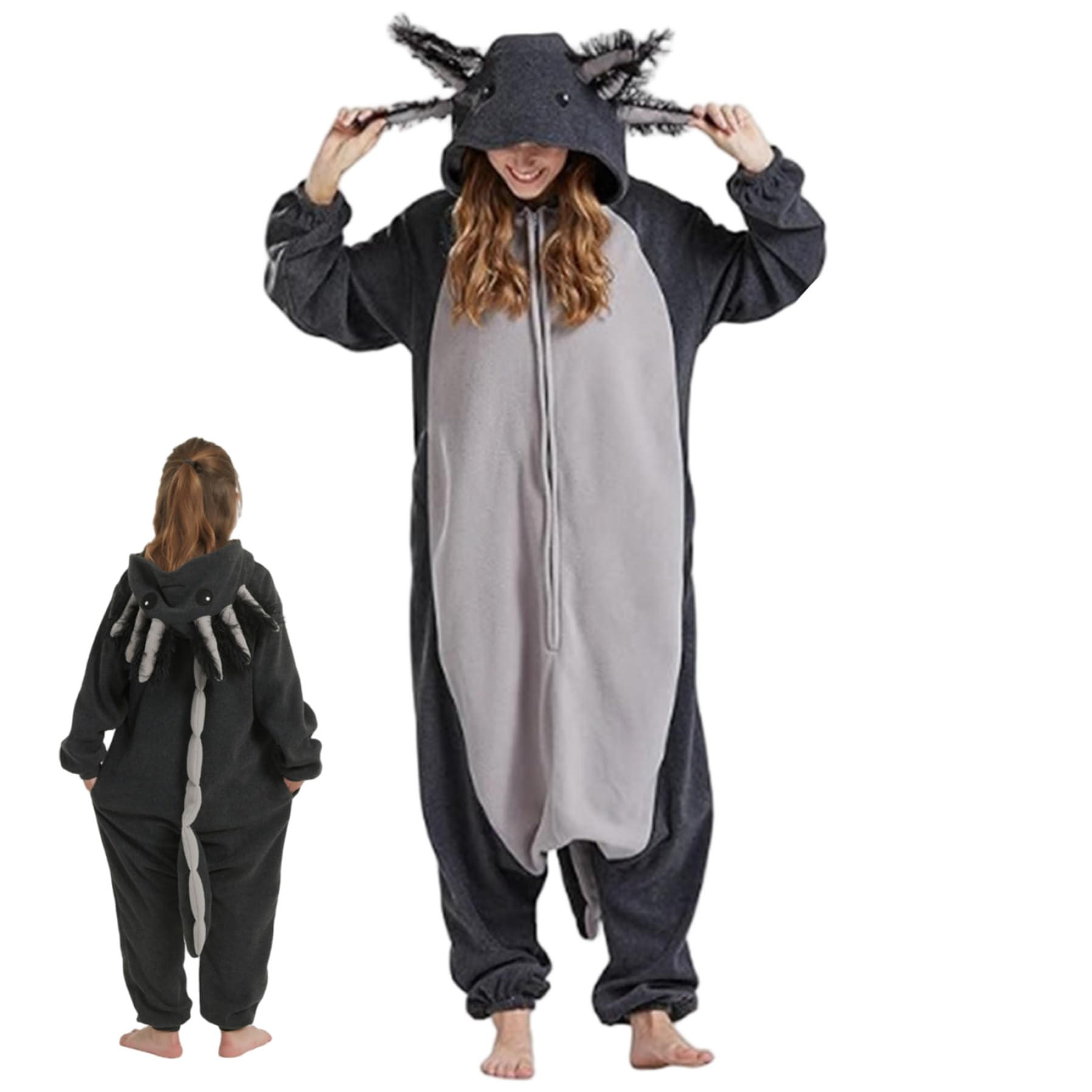 Pijama de Axolotl para adultos de forro polar suave mono con capucha 8