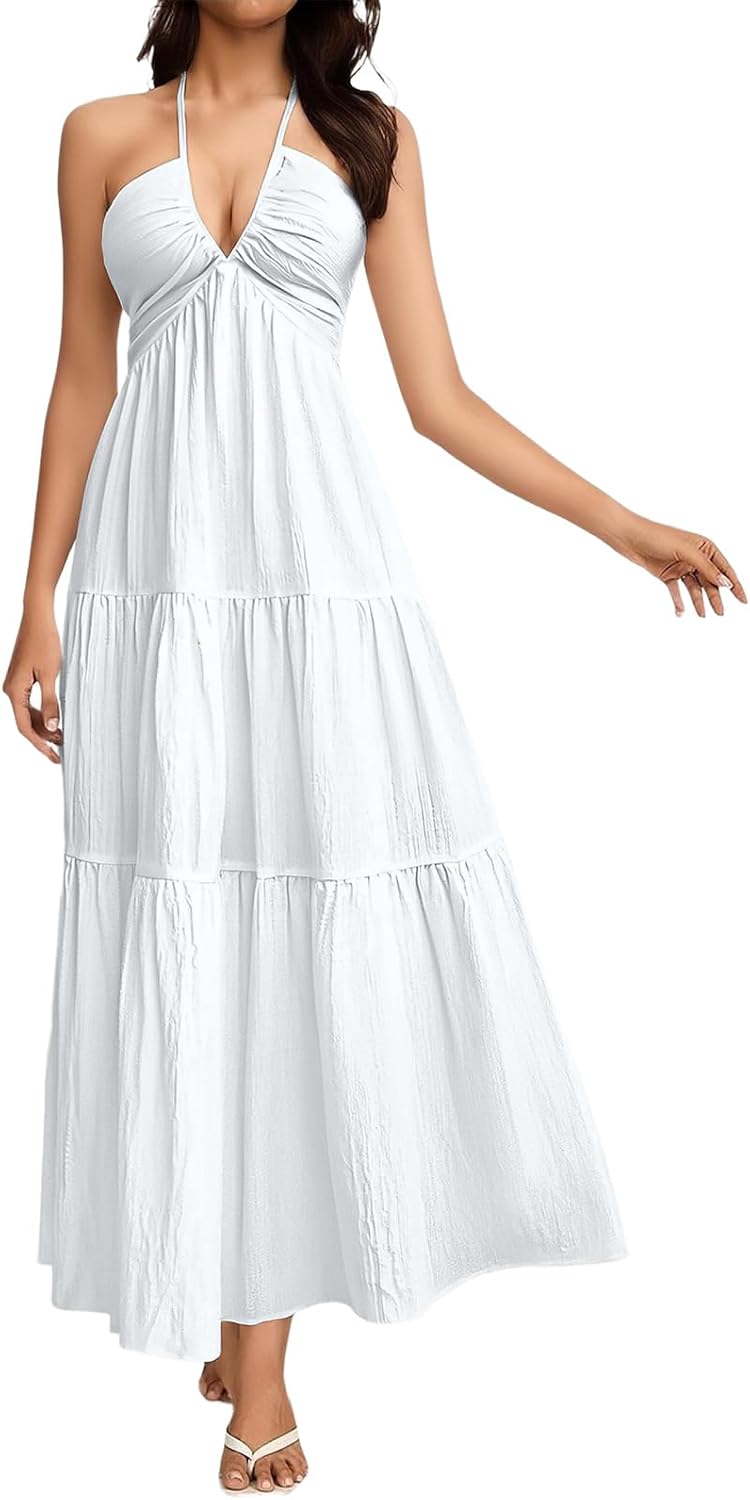 Summer Beach Dresses for Women Cross Halter V Neck Flowy Vacation Dress Tie Back Empire Waist Maxi Sundresses
