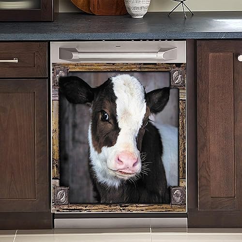 Miniatura 5 de Cubierta magnética para lavavajillas con diseño de vaca divertida, marco de madera, para decoración de refrigerador, electrodomésticos de cocina,