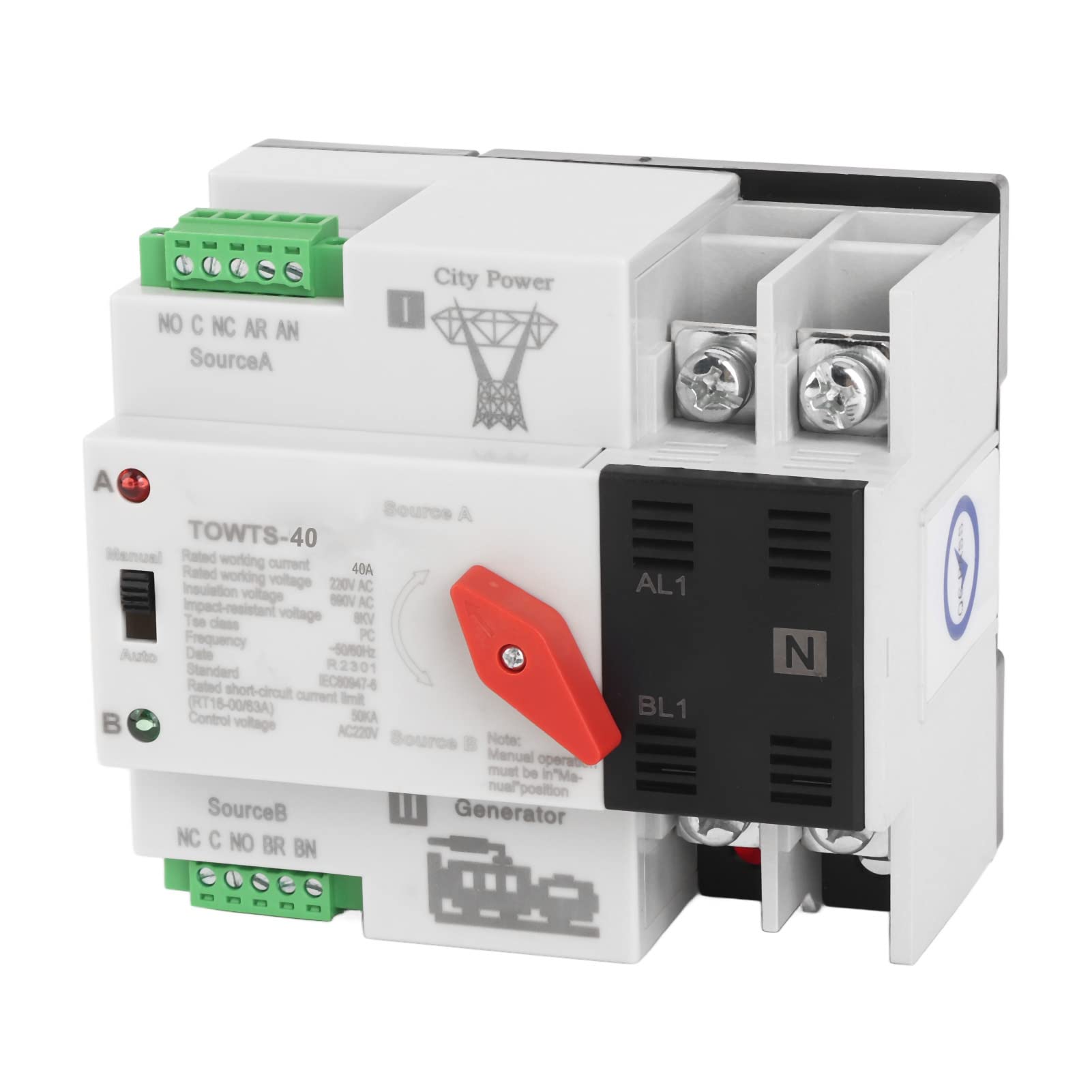 Ausla Interruttore Automatico a Doppia Alimentazione Alloggiamento PC Interruttore di Trasferimento Automatico 2P AC 220 V 8 KV Modalità Automatica e Manuale Trasferimento Pubblico e in Standby per