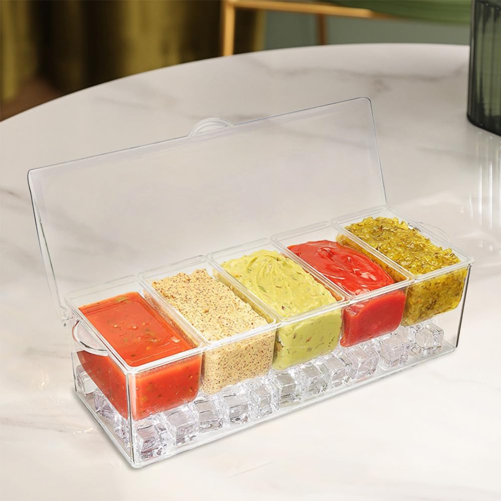 LucaSng Contenitori per condimenti con coperchio, vassoio per ghiaccio, organizer per condimenti, contenitore refrigerato, supporto per guarnire il ghiaccio, dispenser, piatto da insalata per feste e
