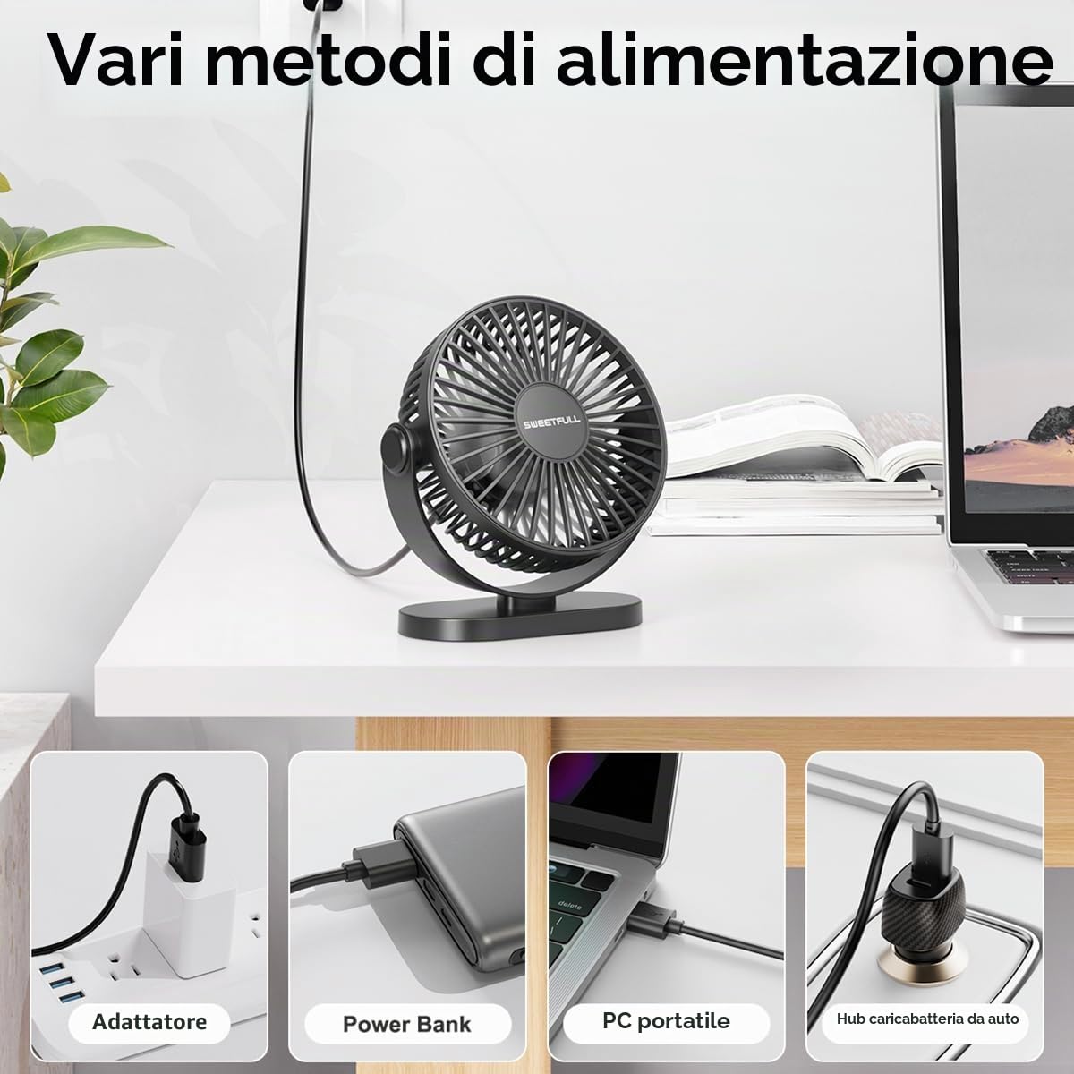 Mini Ventilatore da Scrivania USB, Piccolo Silenzioso 3 Velocità Rotazione a 360° Regolabile 12.7 cm Gadget di Raffreddamento da Tavolo per Ufficio su Scrivania (Nero)