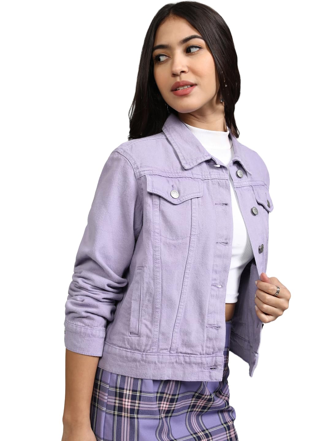 Tokyo Talkies Women Violet Solid Denim Jacket in violet