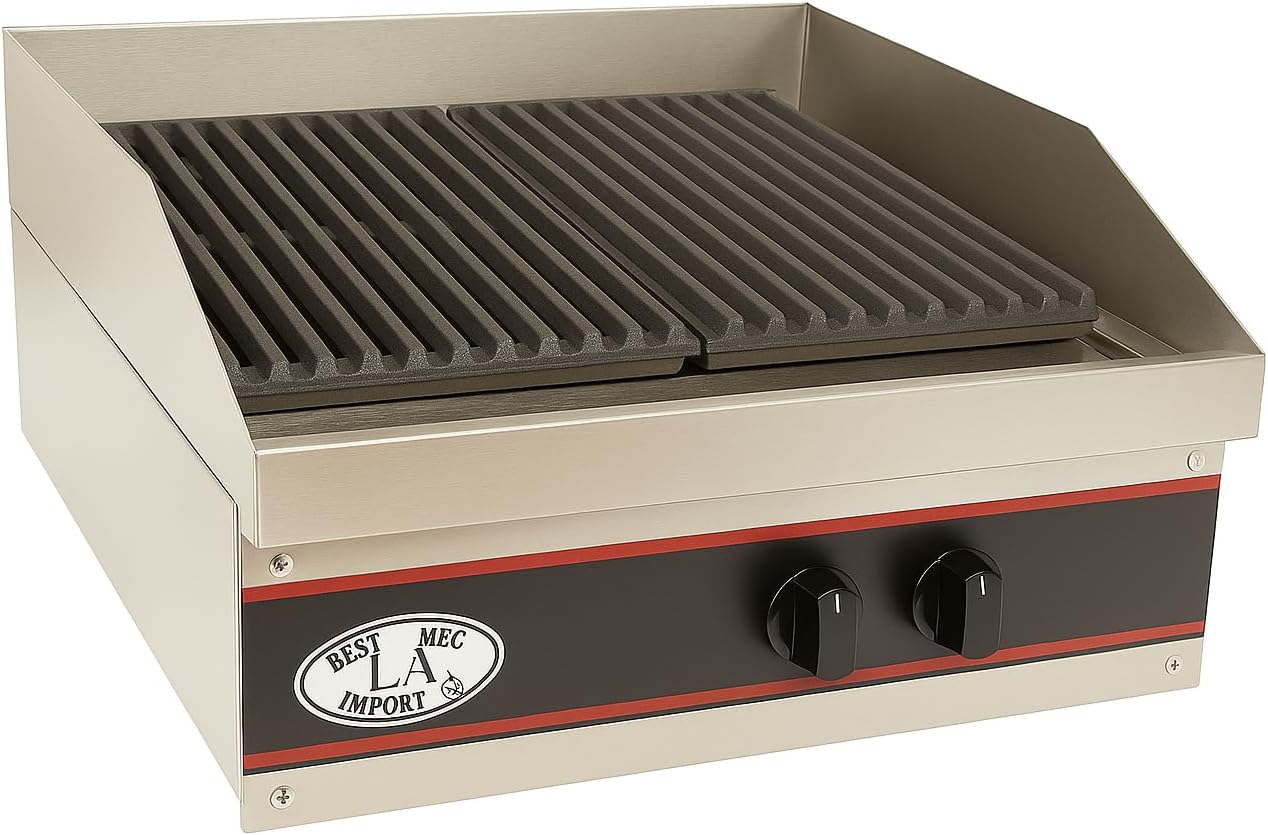 Express-KitchQuip 24" Commercial Countertop Gas Charcoal Broiler – 2 Burner Charbroiler, 40,000 BTU, Stainless Steel, 24"L x 24"W x 13"H – For Restaurant, Food Truck, Grill