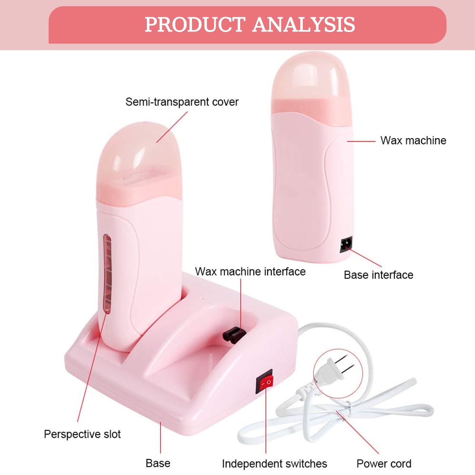 Roll-on Calentador de Cera Profesional, Calentador de Cera Depilatorio Doble, Máquina de Cera Depilatoria con Base de Calentador, para la Cara Axilas Piernas Bikini(Rosa)