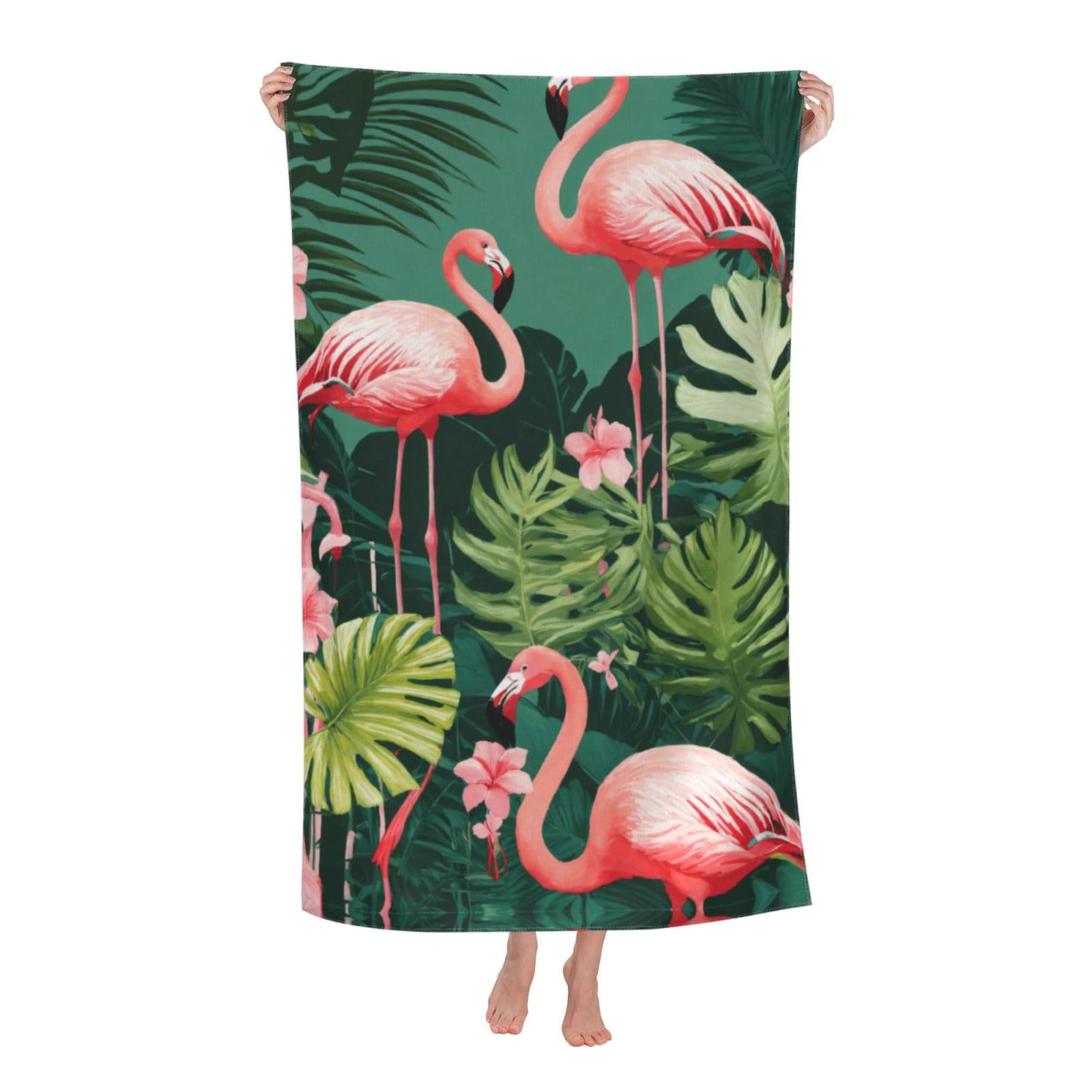 Pojknbv White Pink Flamingo Print Oversized Adult Beach Towel Quick-Dry Comfortable Lightweight Travel Pool Camping