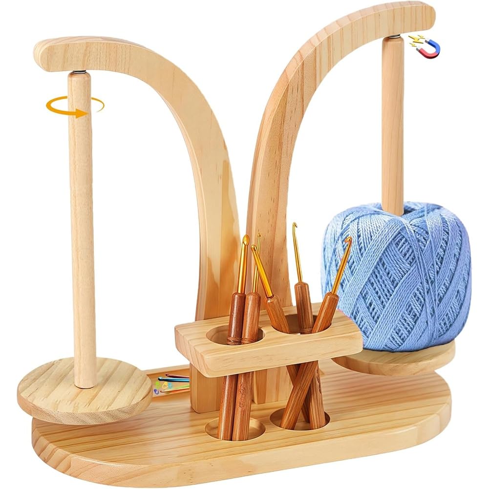UDSKNV[KSL Magnetic Wool Holder for Knitting, Crochet Lover Double Yarn Ball Holder Stand, Wooden Yarn Spinner Rotatable Spool Holder
