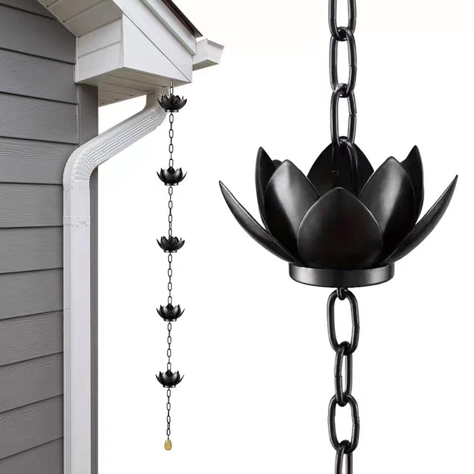 Chaîne de Pluie Décorative avec Coupelles Lotus, Chaîne de Pluie pour l'Extérieur, Pratique et Élégante, Alternatives aux Descentes Pluviales, pour Toit Jardin Terrasse A 2.4m