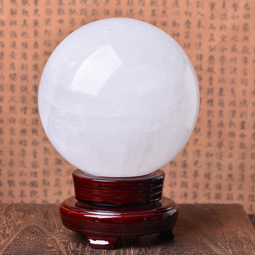 Quartz Sphere White Crystal Ball with Wooden Base Feng Shui Gemstone Ball Sculpture Figurine Ornaments for Witchcraft and Decorative Balls,10cm