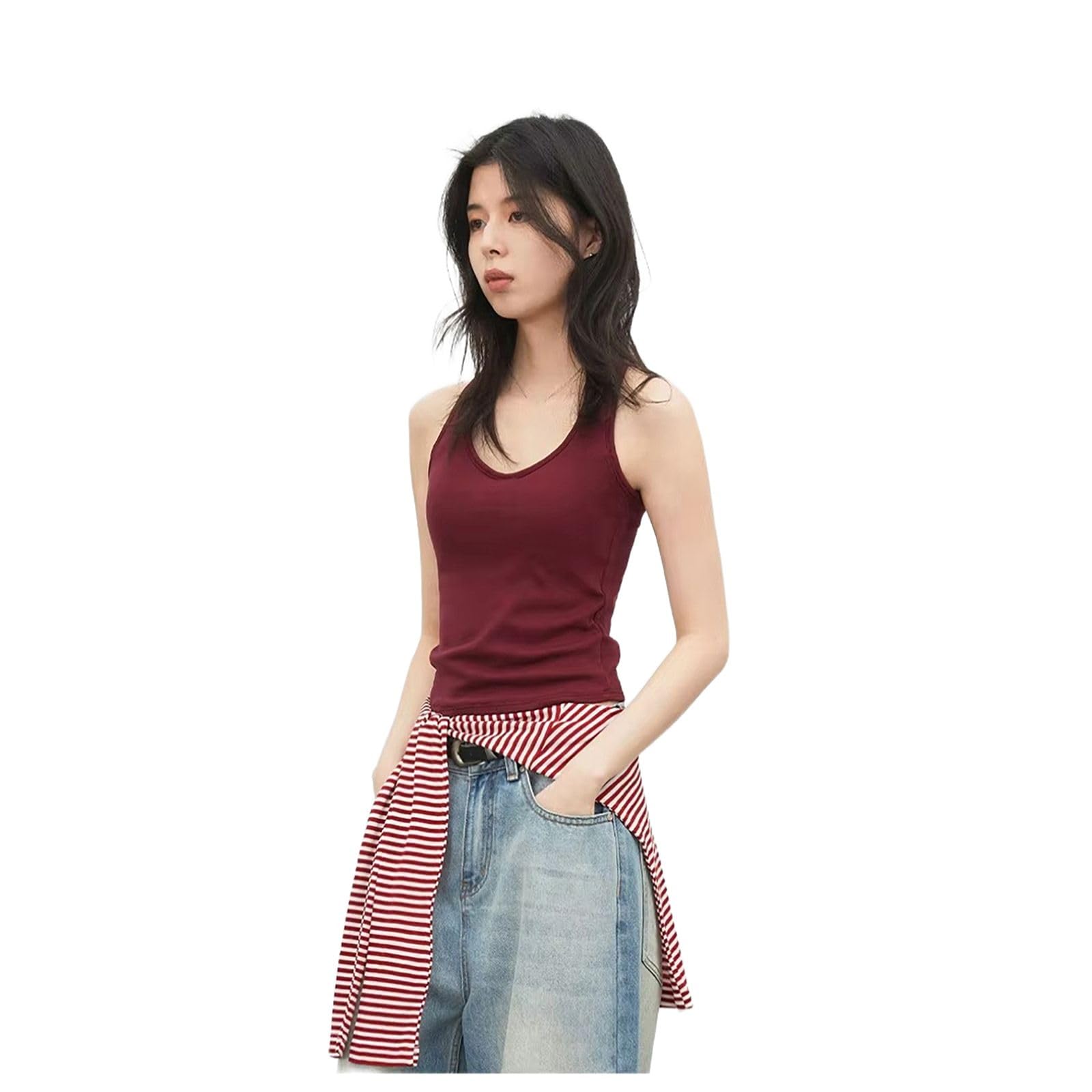 GUOYUXIAO Gilet col en U pour femme, sans manches avec coussinets, pour plage printemps-été
