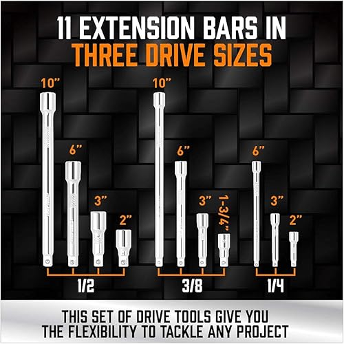 Miniatura 2 de HORUSDY Juego de 20 barras de extensión de zócalos, 1/4", 3/8" y 1/2", juego de extensión de trinquete, enchufe de junta universal, acero CR-V