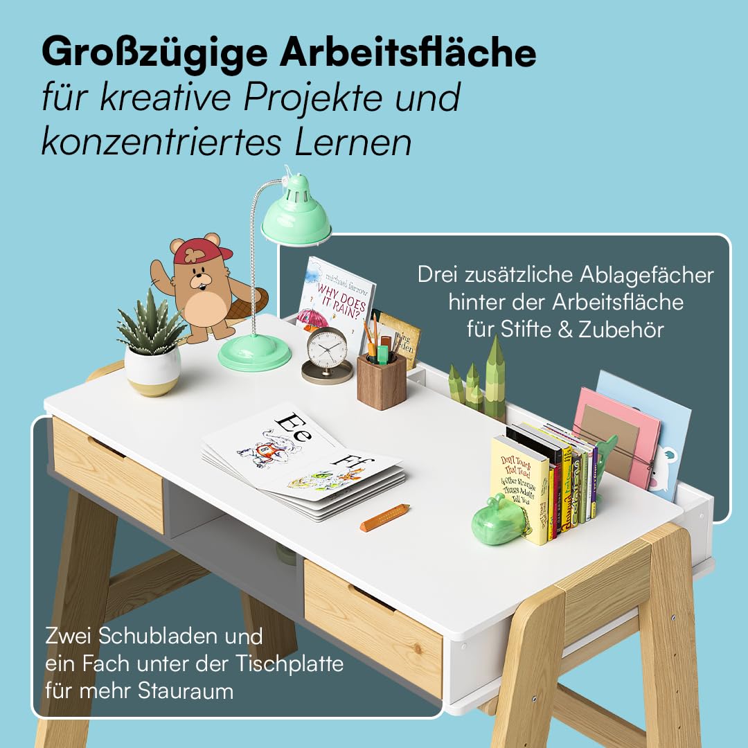 Bellabino Campo Kinderschreibtisch höhenverstellbar 56-75 cm – Schreibtisch Kinder ab 6 Jahren mit 2 Schubladen – Schülerschreibtisch mit viel Stauraum aus Massivholz Kiefer in Weiß