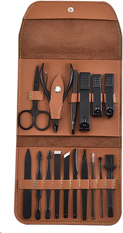 16 stks Manicure Set Professionele Pedicure Kit Nail Clippers Kit – Nail Care Tools – Grooming Kit met Luxe Lederen Travel Case, Bruin