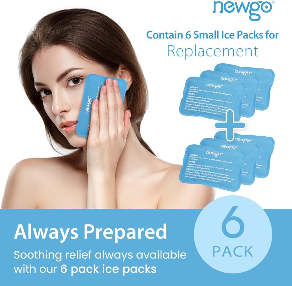 NEWGO Mini Ice Packs (6 Packs) Gel Cold Packs for Injuries Reusable, Face Ice Pack for Face Surgery, Teeth Pain, Tired Eyes, Kid's Boo Boos, Bruises, Headaches,Breastfeeding 4.5"X 3.2" Blue