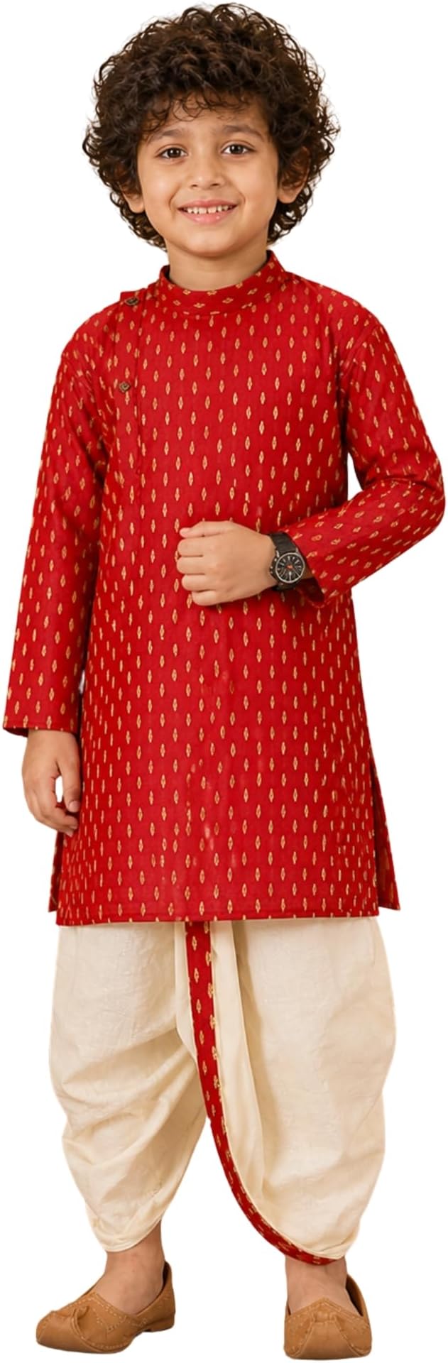 Boy's Cotton Kurta with Dhoti - Golden Thread Work, Side Button Kurta Set for Ethnic Wear