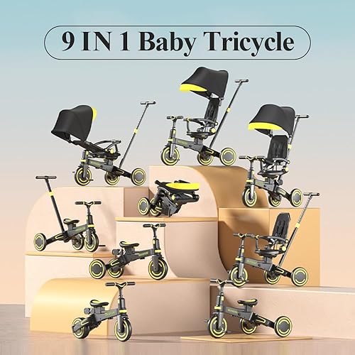 Miniatura 3 de WinHope Triciclo de empuje 9 en 1 para niños pequeños de 1 a 3 años  Triciclo convertible para niños con mango ajustable para padres y arnés de