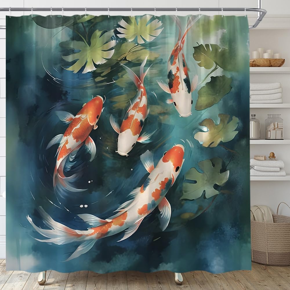 Koi Fish Shower Curtain Japanese Asian Art Colorful Carp Pond Oriental Traditional Watercolor Ink Painting Fabric Bathroom Decor Set with Hooks,(70" Wx84 H)