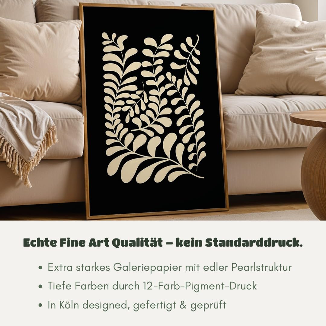 MJ-GRAPHICS® Poster Blätter Kunstdruck minimalistisch Wandbild Beige Wohnzimmer Deko modernes Design Pflanzen Wohndeko inspirierende Wanddeko elegantes Flair A2 mit schwarzem Rahmen