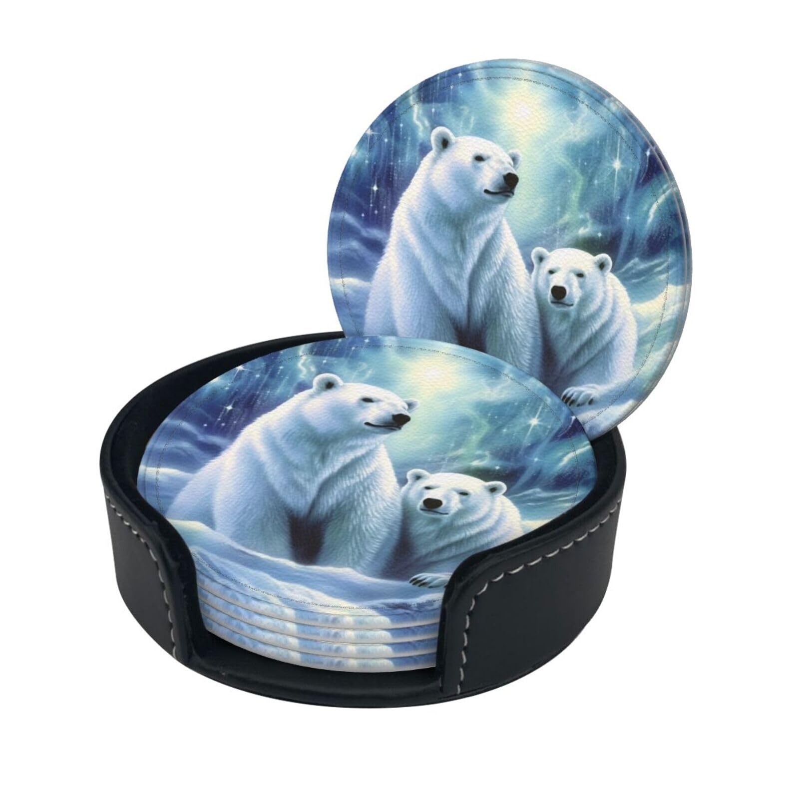 Stylish Coasters - Polar Bears Northern Lights Set of 6 Round Leather Drink Coasters with Holder - Perfect Size for Cups and Glasses