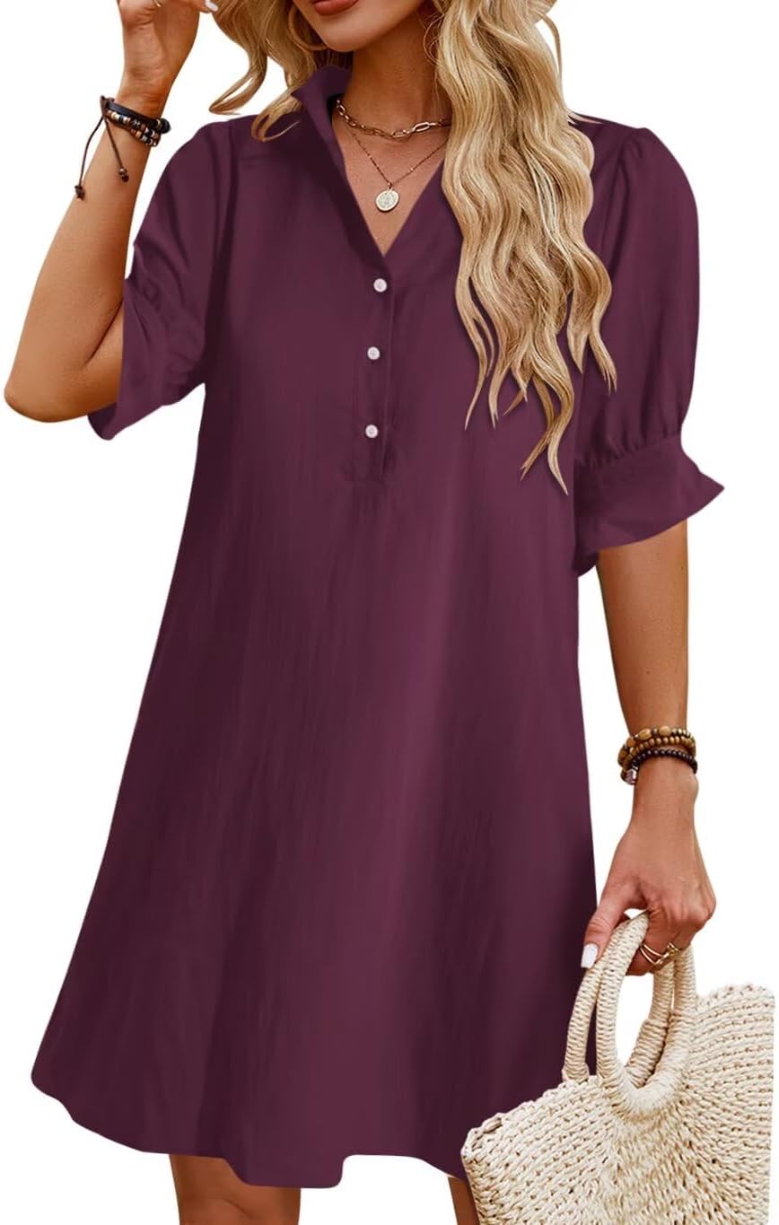 Womens Summer Shirt Dress 2026 Casual Ruffle Short Sleeve Button Down Flowy Swing Shift Mini Dresses with Pockets