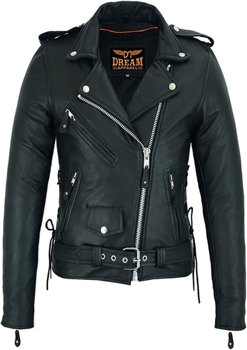 Dream Apparel Women’s Classic Leather Motorcycle Jacket with Zip Out Lining, Biker Jacket for Ladies with Side Laces, Black