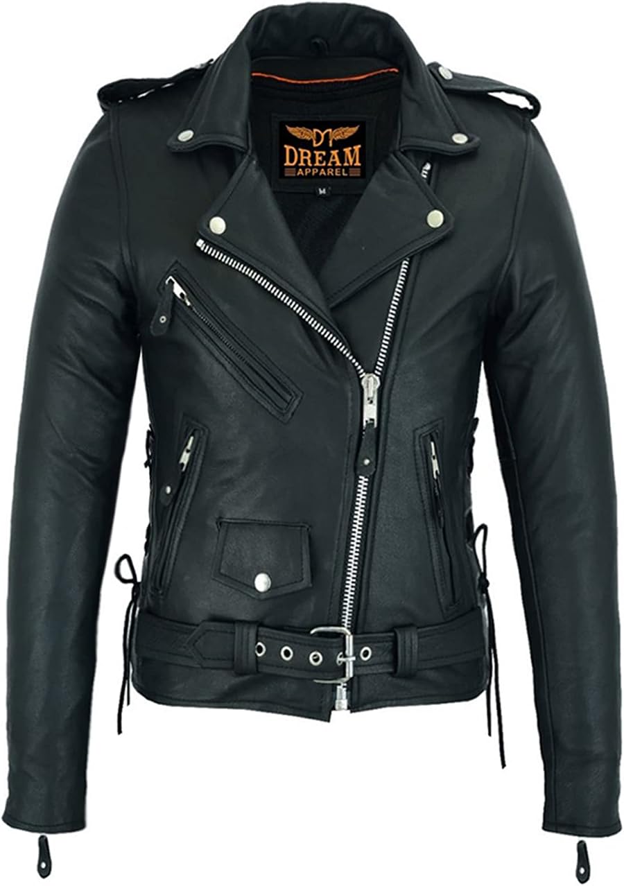 Dream Apparel Women’s Classic Leather Motorcycle Jacket with Zip Out Lining, Biker Jacket for Ladies with Side Laces, Black