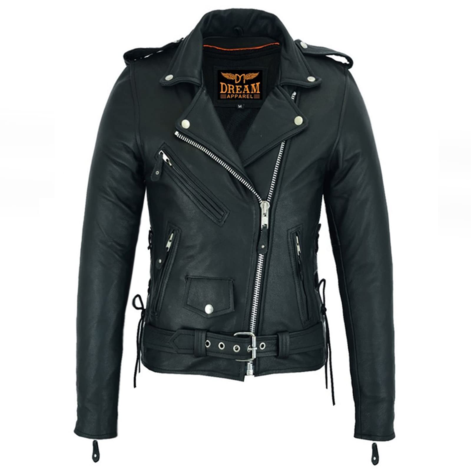 Women’s Classic Leather Motorcycle Jacket with Zip Out Lining, Biker Jacket for Ladies with Side Laces, Black