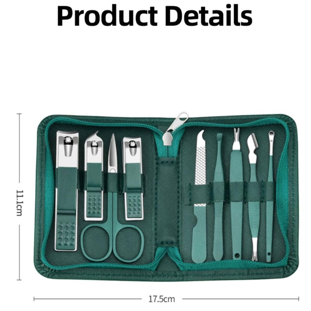 Juego de Tijeras para uñas, cortaúñas de Acero Inoxidable para Uso doméstico, para pedicura, Color Verde, 9 Piezas (Juego Verde de 9 Piezas)