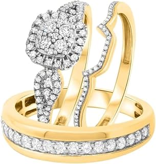 14K Yellow Gold Over Round,Princess Cut White Diamond 925 Sterling Silver Matching Wedding Bridal Trio Ring Set for His & Her