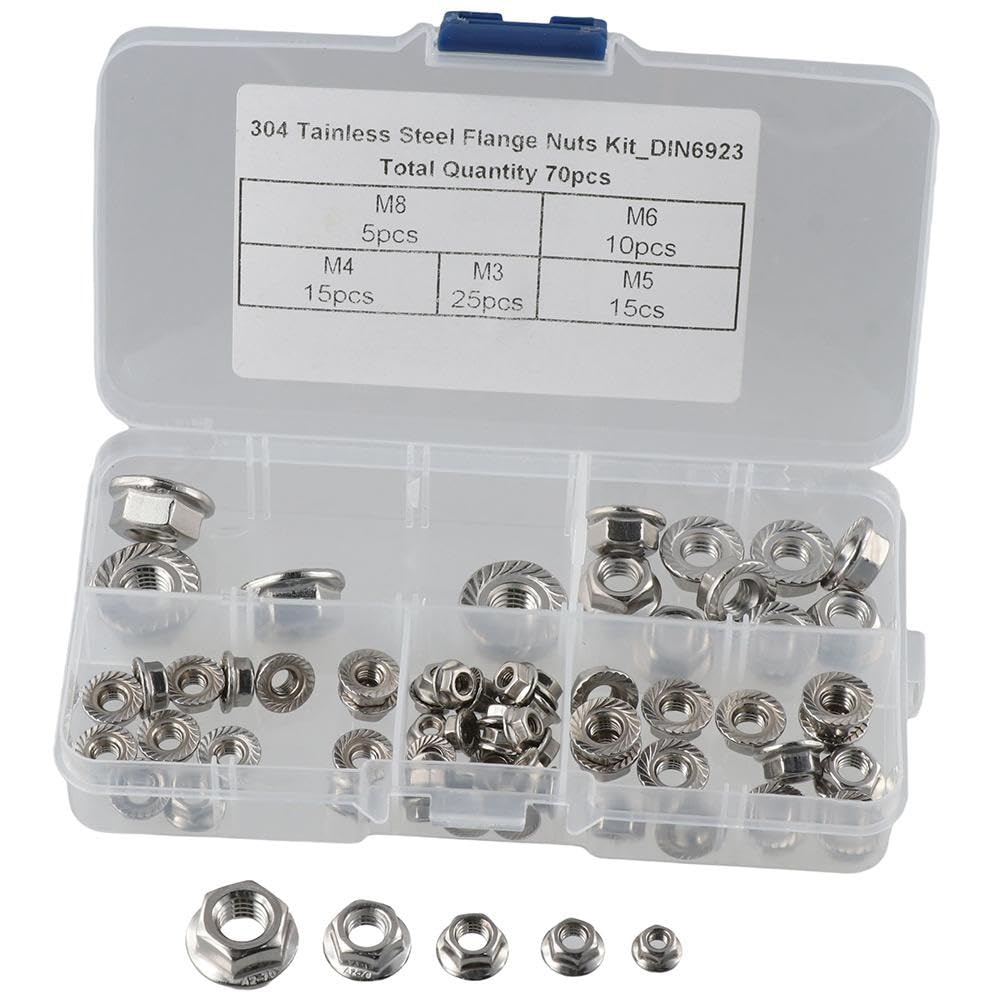 Upluckey Serrated Locknuts 70 Pcs Stainless Steel Durable Bright Finish Flange Hex Lock Nuts with Storage Case Hexagon Nuts Set