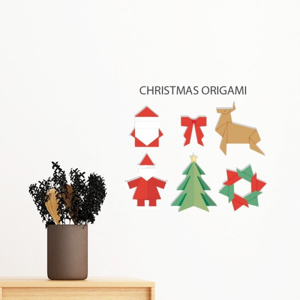 Sticker mural origami Noël rouge amovible grand format décoration murale DIY
