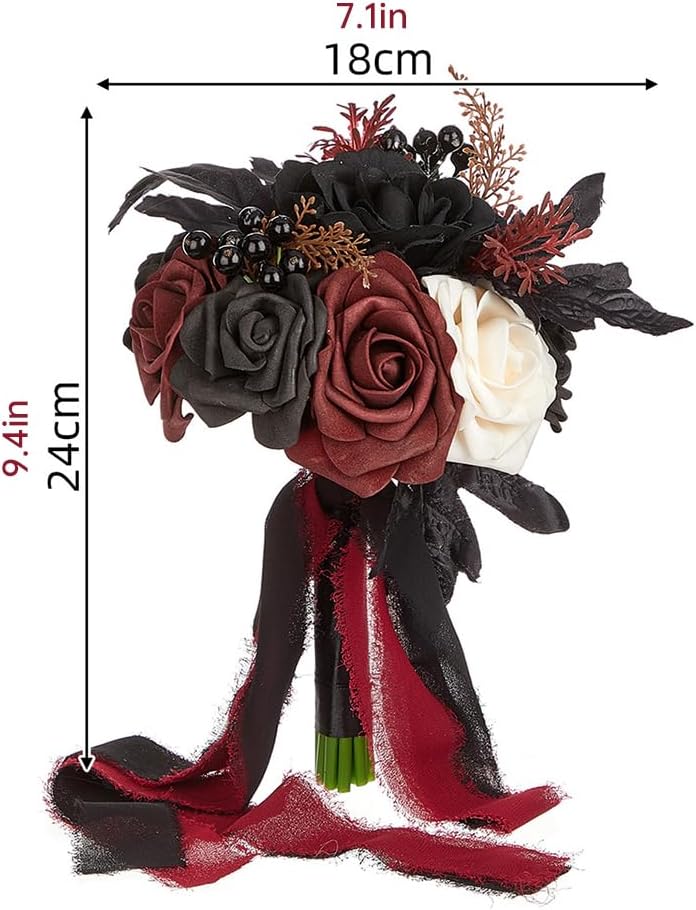 Wedding Bouquets for Bride and Bridesmaid - Black and Burgundy Gothic Bridal Flowers, Artificial Rose Bouquet