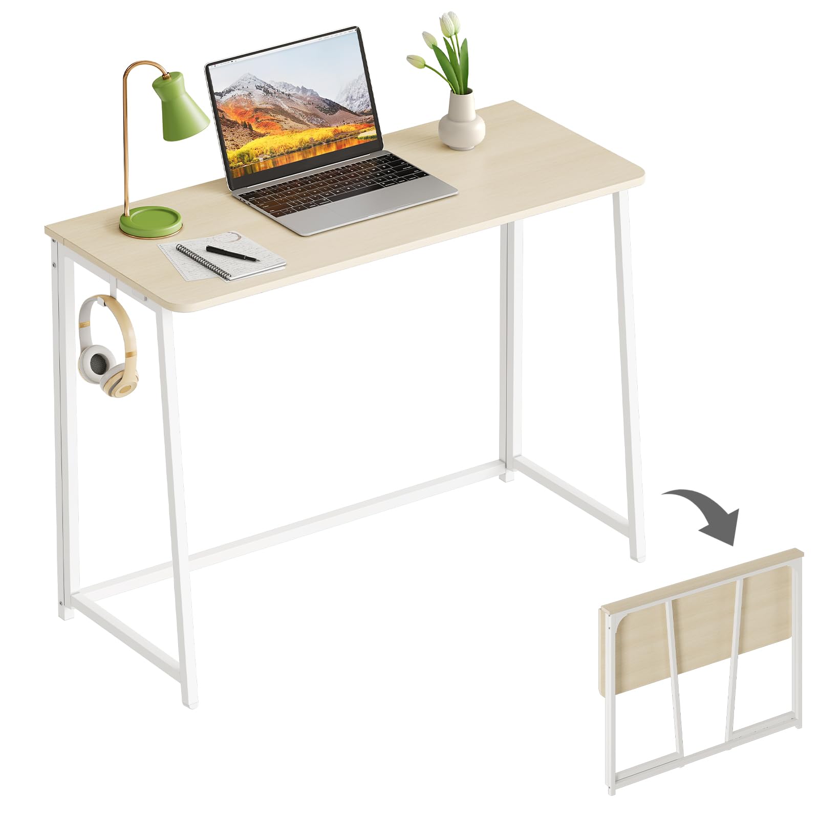 WOHOMO Folding Desk, Small Foldable Desk for Small Spaces, Space Saving Computer Table Writing Workstation for Home Office, Easy Assembly, Oak