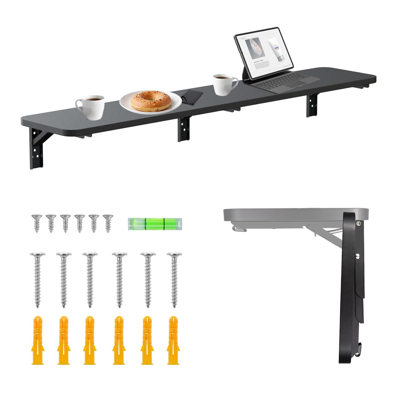 Maclean étagère Murale Pliante capacité de Charge 50 kg Table Pliante avec Serrure de sécurité Bouton de Pliage Inclus Niveau pour Cuisine Salle de Bain (Noir, 100x20 cm)