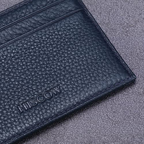 Image of HISCOW Slim Full Grain Leather Card Holder with ID Window, Pebbled Blue | Men's minimalist EDC wallet, front pocket carry, 2 credit card slots & center pocket, fits folded bills, premium gift box