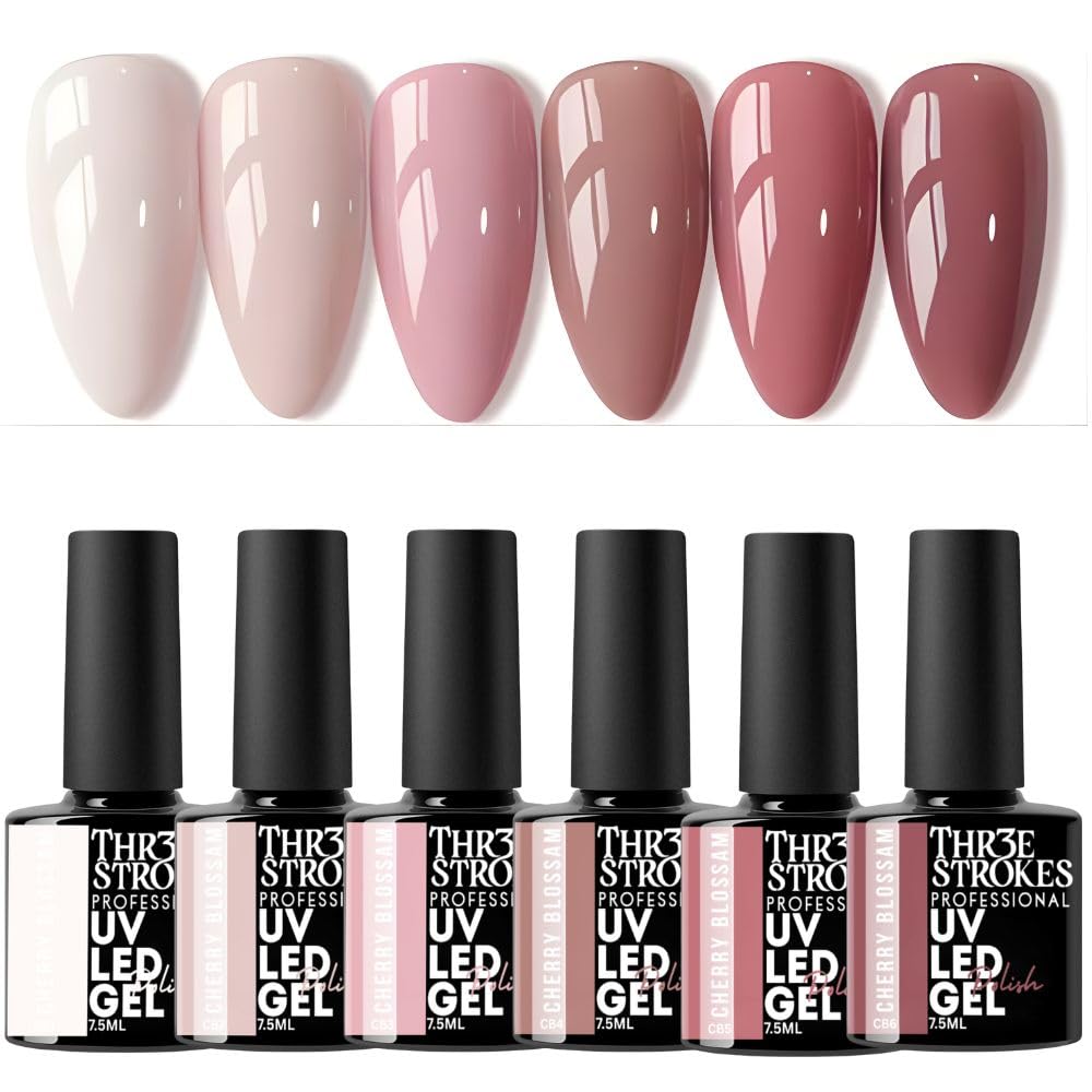 THR3E STROKES Gel Nail Polish Set - 6 Colors Milky Taro Series (7.5ml) - Nude Pink, Mauve, & Rose Neutral Shades - Glossy Finish Soak Off UV/LED Curing Nail Art Manicure Kit for Home & Salon (CHERRY BLOSSAM)